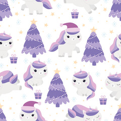 Childish seamless pattern with cute cartoon unicorns. Kawaii pony with gifts, Santa Clause hat and Christmas tree. Vector illustration for New Year celebrate.