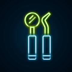 Glowing neon line Dental inspection mirror and probe icon isolated on black background. Explorer scaler. Tool dental checkup. Colorful outline concept. Vector