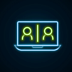 Glowing neon line Video chat conference icon isolated on black background. Online meeting work form home. Remote project management. Colorful outline concept. Vector