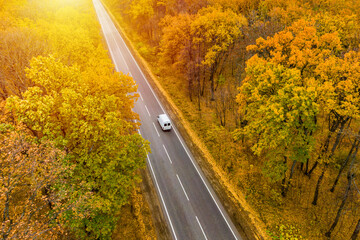 White trailer car driving on asphalt road through the autumn forest . Road seen from the air....