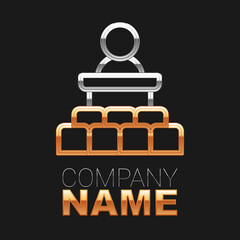 Line Speaker icon isolated on black background. Orator speaking from tribune. Public speech. Person on podium. Colorful outline concept. Vector