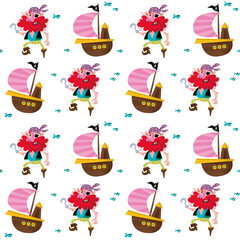 Fototapeta premium Seamless background with funny pirates and ships. Vector illustration in children s cartoon style. Printing on textiles, print design, postcards.