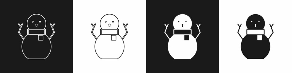 Set Christmas snowman icon isolated on black and white background. Merry Christmas and Happy New Year. Vector
