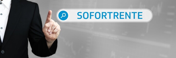 Sofortrente. Mann zeigt mit Finger auf Suchfeld im Internet-Browser. Wort/Text (blau) in der Suche.