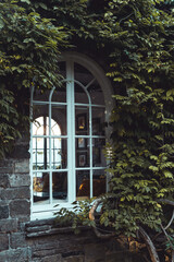 Acient window surrounded with leaves