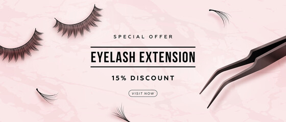 Discout horizontal banner with realistic false lashes and lash extension tools on pink background. Vector illustration - obrazy, fototapety, plakaty