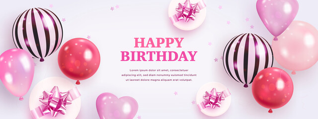 Vector birthday elegant greeting card or horizontal banner with realistic balloons and gift box. Vector illustration © Elena Morozova