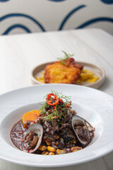 Black ceviche with shell, very typical in Peru. on white plate.
