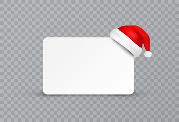 Business card with Santa Claus hat isolated on transparent background. New Year or Christmas red cap and plastic white blank sticker, paper sheet, label. Vector 3d xmas banner template