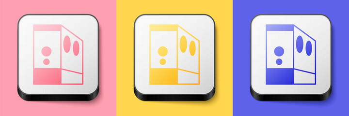 Isometric Case of computer icon isolated on pink, yellow and blue background. Computer server. Workstation. Square button. Vector