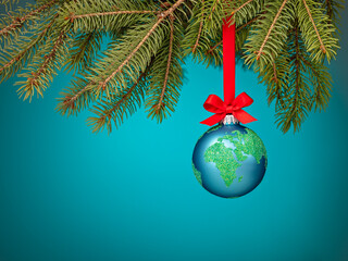Globe christmas ball ornament hanging on a blue background - 464579669