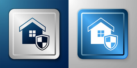 White House with shield icon isolated on blue and grey background. Insurance concept. Security, safety, protection, protect concept. Silver and blue square button. Vector