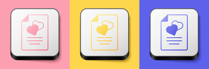 Fototapeta premium Isometric Marriage contract icon isolated on pink, yellow and blue background. Wedding certificate. Square button. Vector