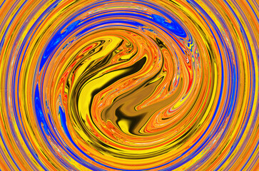 Abstract bright orange blue background. Creative mood. Art trippy digital backdrop. Curved shapes illustration. Vibrant banner. Template. Water wave effect. Swirl. Marble texture. Whirlpool tunnel.