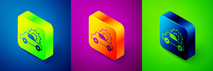 Isometric Car insurance icon isolated on blue, purple and green background. Insurance concept. Security, safety, protection, protect concept. Square button. Vector