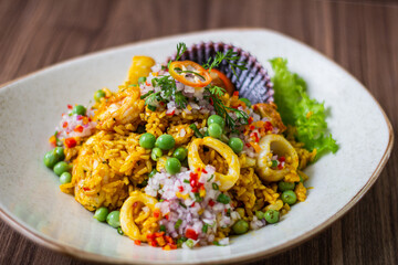 Rice with seafood. Creamy rice, seafood with house cream and Creole sarza