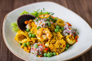 Rice with seafood. Creamy rice, seafood with house cream and Creole sarza
