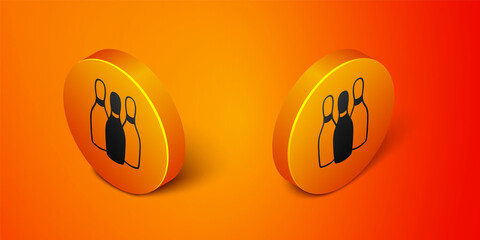 Isometric Bowling pin icon isolated on orange background. Juggling clubs, circus skittles. Orange circle button. Vector