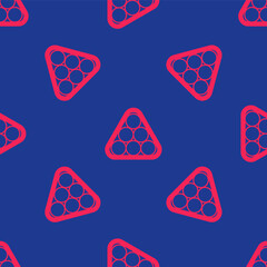 Red Billiard balls in a rack triangle icon isolated seamless pattern on blue background. Vector