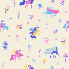 Seamless pattern with cute unicorns and meadow flowers.