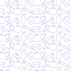 Virus protection. Seamless vector pattern. Protective medical mask, syringe with vaccine and hand protection from viruses contour image on a white background.