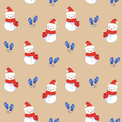 Snowmen in red santa hats and mittens on a beige background. Seamless pattern for the New Year. Christmas illustrations in cartoon childrens style.