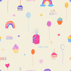 Seamless pattern with colorful birthday elements.