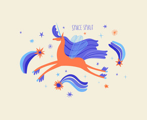 Illustration of cute space spirit unicorn.