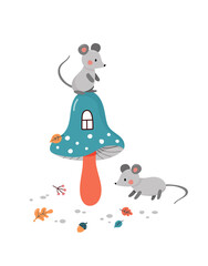 Cute cartoon mouses and mushroom print. Childish print for nursery, kids apparel,poster, postcard.