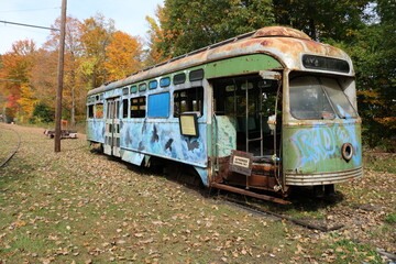 Plakat old abandoned trolley car train