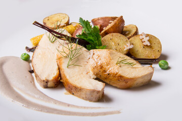 Creative Cooking. Peruvian potato, chicken, vegetables, cream, corn, vegetarian. Gourmet Food - Image
