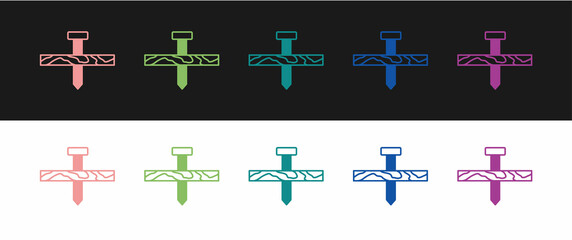 Set Metallic nail and wood plank icon isolated on black and white background. Vector