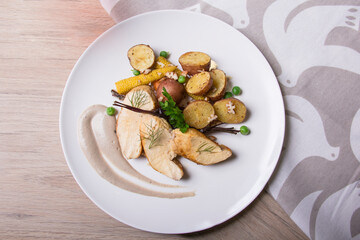 Creative Cooking. Peruvian potato, chicken, vegetables, cream, corn, vegetarian. Gourmet Food - Image
