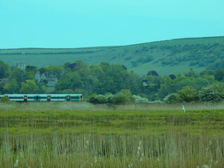 Fototapeta premium Rural landscape with a running train in the UK