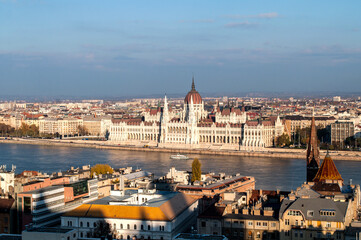 Fototapeta na wymiar View of the city of Budapest in the foreground with the Hungarian Parliament and the Danube River