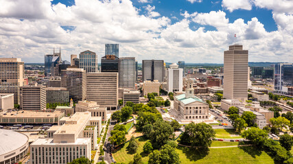 Aerial view of Nashville Capitol and skyline on a sunny day. Nashville is the capital and most...