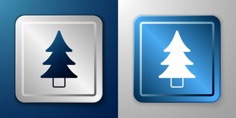 White Tree icon isolated on blue and grey background. Forest symbol. Silver and blue square button. Vector