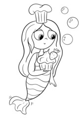 Cute little mermaid with muffin, Coloring book page for kids. Collection of design element, outline, kawaii anime chibi style, a beautiful young mermaid.