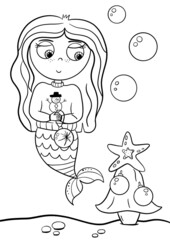 Cute little mermaid underwater world, Coloring book page for kids. Collection of design element, outline, kawaii anime chibi style, a beautiful young mermaid.