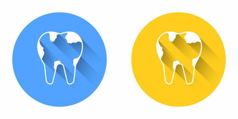 White Broken tooth icon isolated with long shadow background. Dental problem icon. Dental care symbol. Circle button. Vector