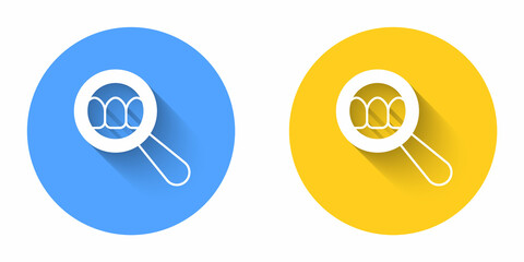 White Dental search icon isolated with long shadow background. Tooth symbol for dentistry clinic or dentist medical center. Circle button. Vector