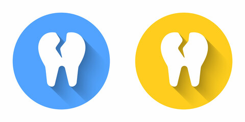 White Broken tooth icon isolated with long shadow background. Dental problem icon. Dental care symbol. Circle button. Vector