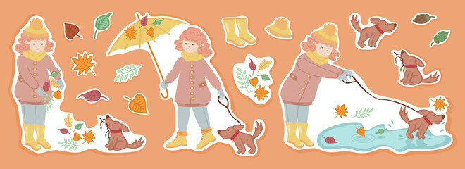 Set of autumn stickers with a girl playing with a dog in the street. The girl walks with the dog, collects autumn leaves, runs through the puddles. Autumn elements vector illustration.
