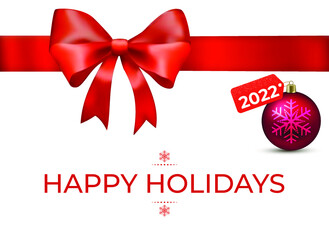 Merry Christmas greeting card with ribbon and ball. Merry Christmas and Happy Holidays greeting card