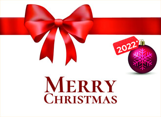 Merry Christmas greeting card with ribbon and ball. Merry Christmas and Happy Holidays greeting card