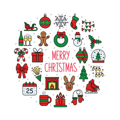 Christmas background with icons. Merry Christmas card. Vector illustration