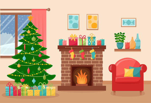 Cozy living interior with Christmas tree, fireplace and armchair. New Year decorated living room. Vector illustration