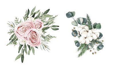 Watercolor hand drawn winter plants, roses and cotton bouquets.