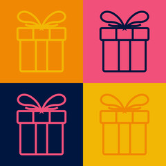 Pop art line Gift box icon isolated on color background. Merry Christmas and Happy New Year. Vector