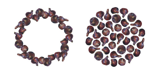 Wreath and round composition of red onion bulbs, isolated on white. Watercolour illustration. For card, dinner invitation, recipe, menu, cookbook, kitchen decoration, packaging and stationery design.